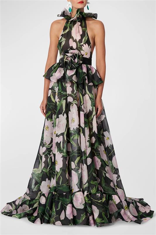 CAROLINA HERRERA-High Neck Ruffled Halter Gown-BLKMULTI