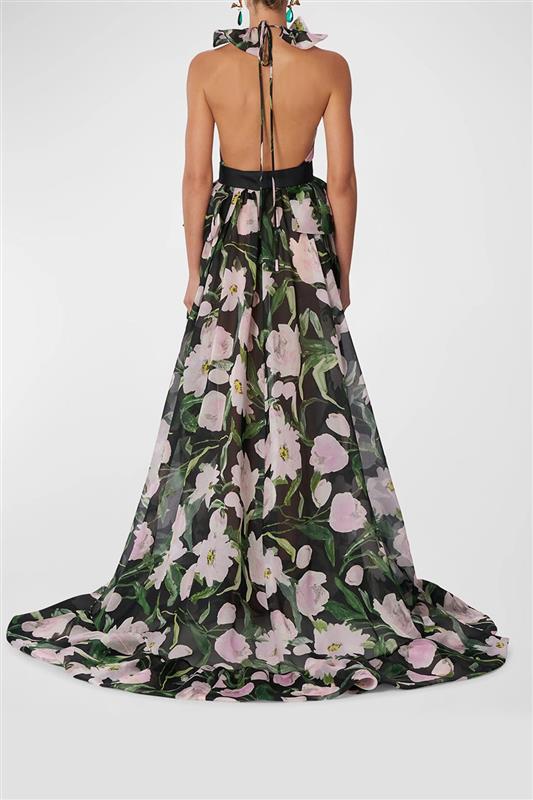 CAROLINA HERRERA-High Neck Ruffled Halter Gown-BLKMULTI