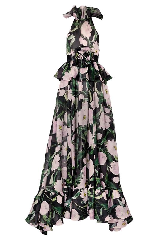 CAROLINA HERRERA-High Neck Ruffled Halter Gown-BLKMULTI