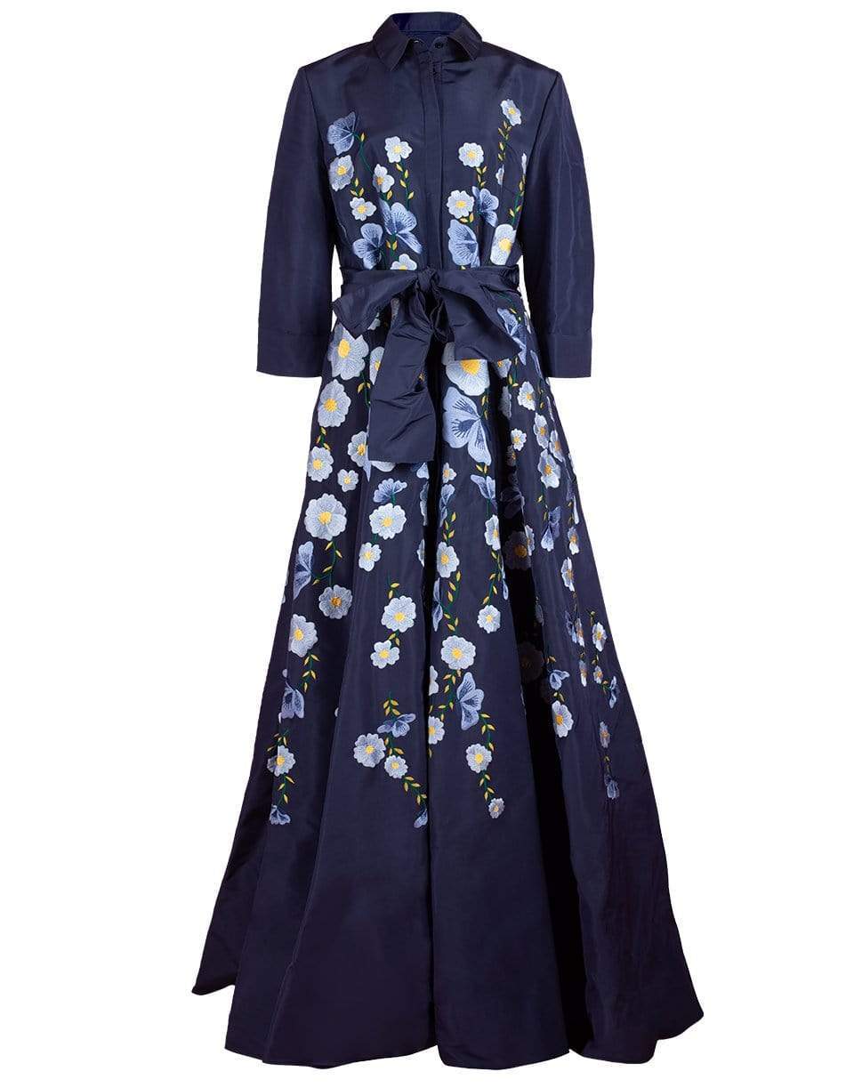 CAROLINA HERRERA-3/4 Sleeve Embroidered Trench Gown-NAV/MULT