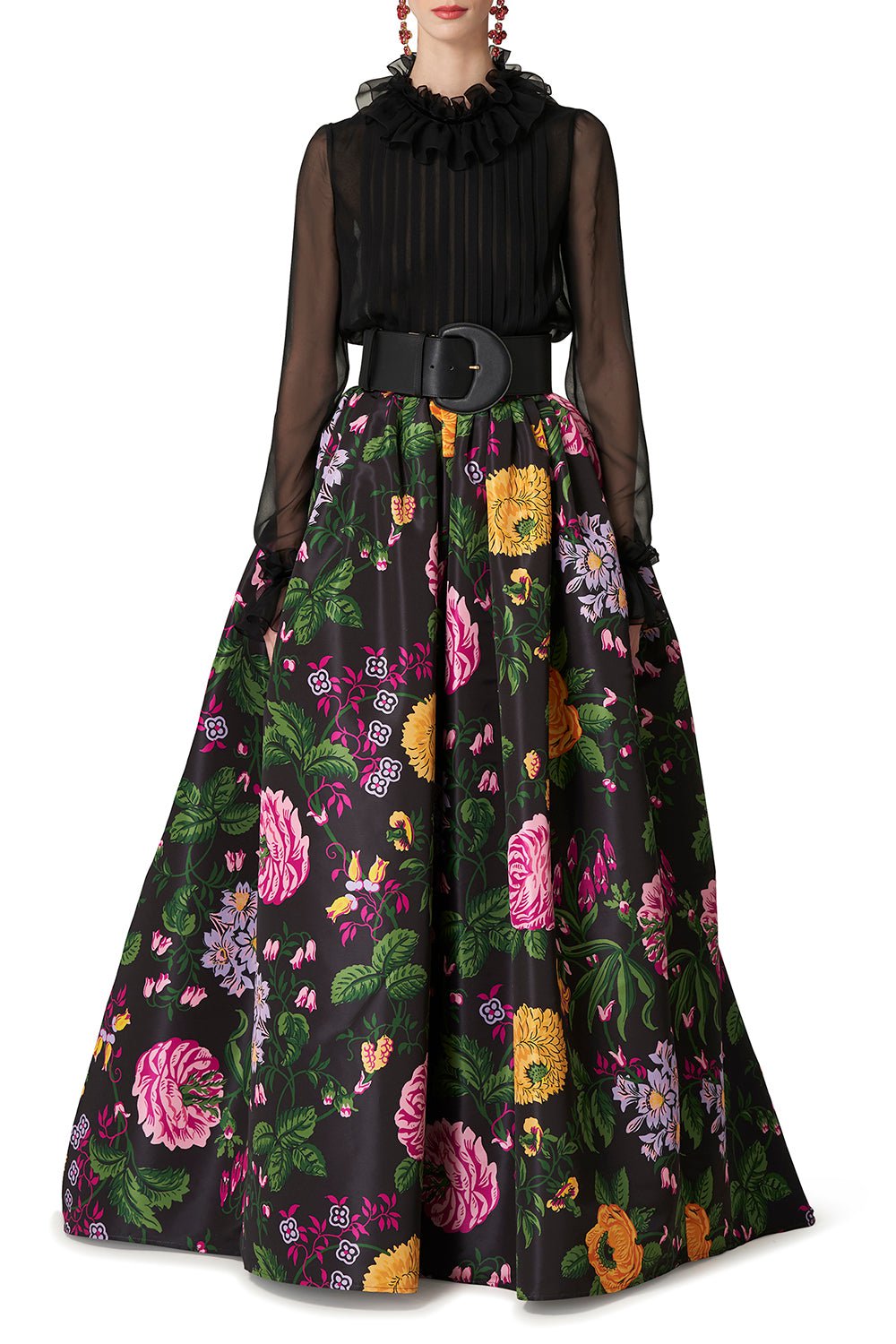 CAROLINA HERRERA-Full Floral Skirt-BLACK MULTI