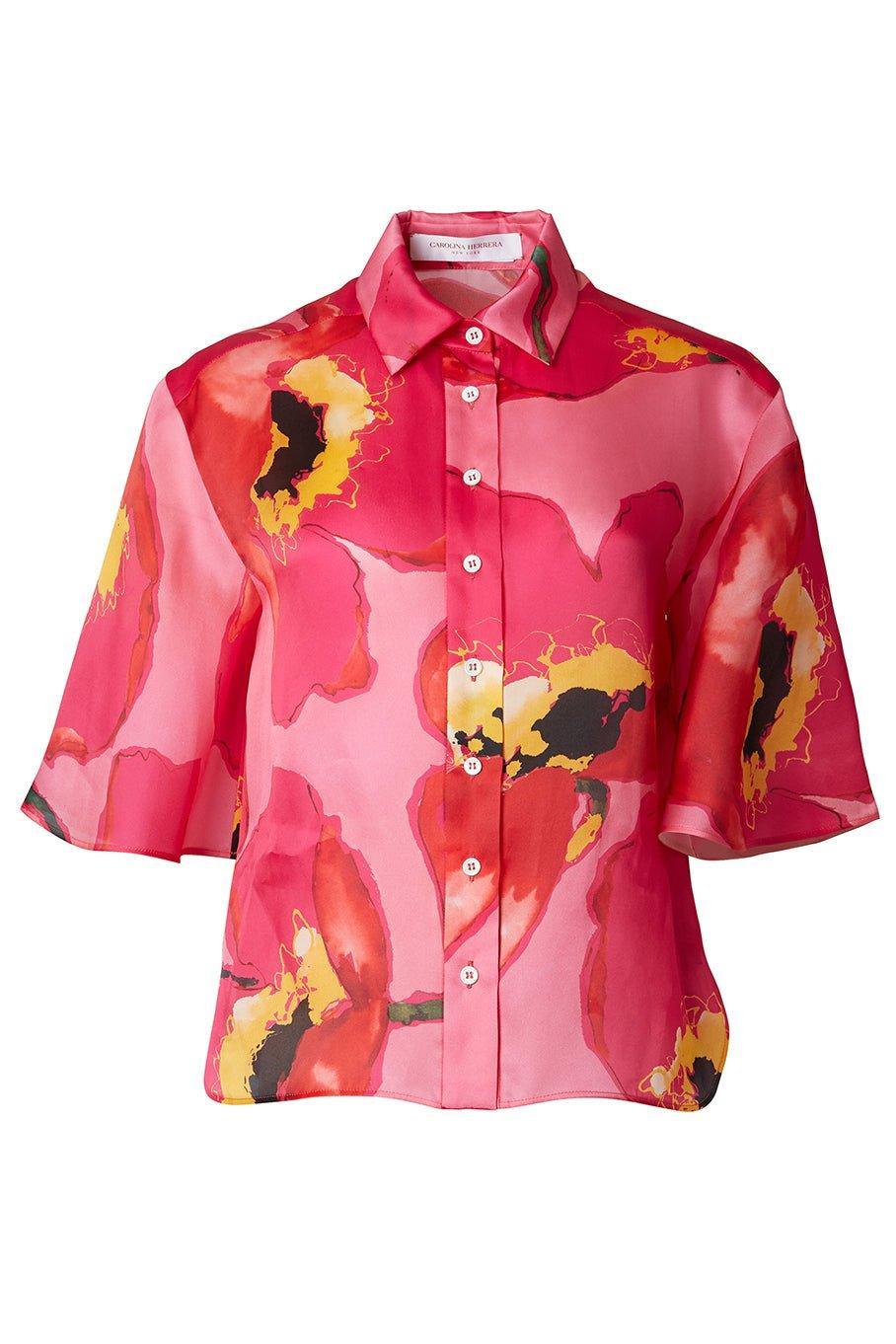 CAROLINA HERRERA-Short Sleeve Collared Button Down Blouse-