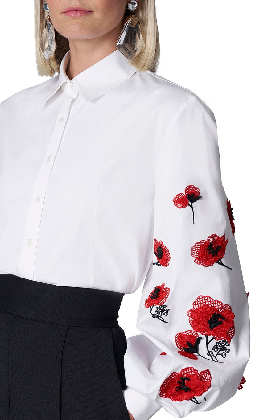 CAROLINA HERRERA-Embroidered Puff Long Sleeve Button Down Blouse-