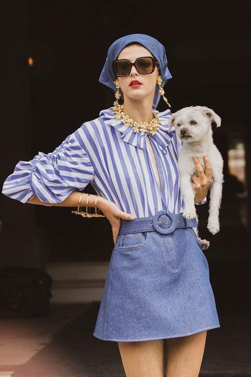 CAROLINA HERRERA-Striped Puff Sleeved Blouse with Neck Ruffle-