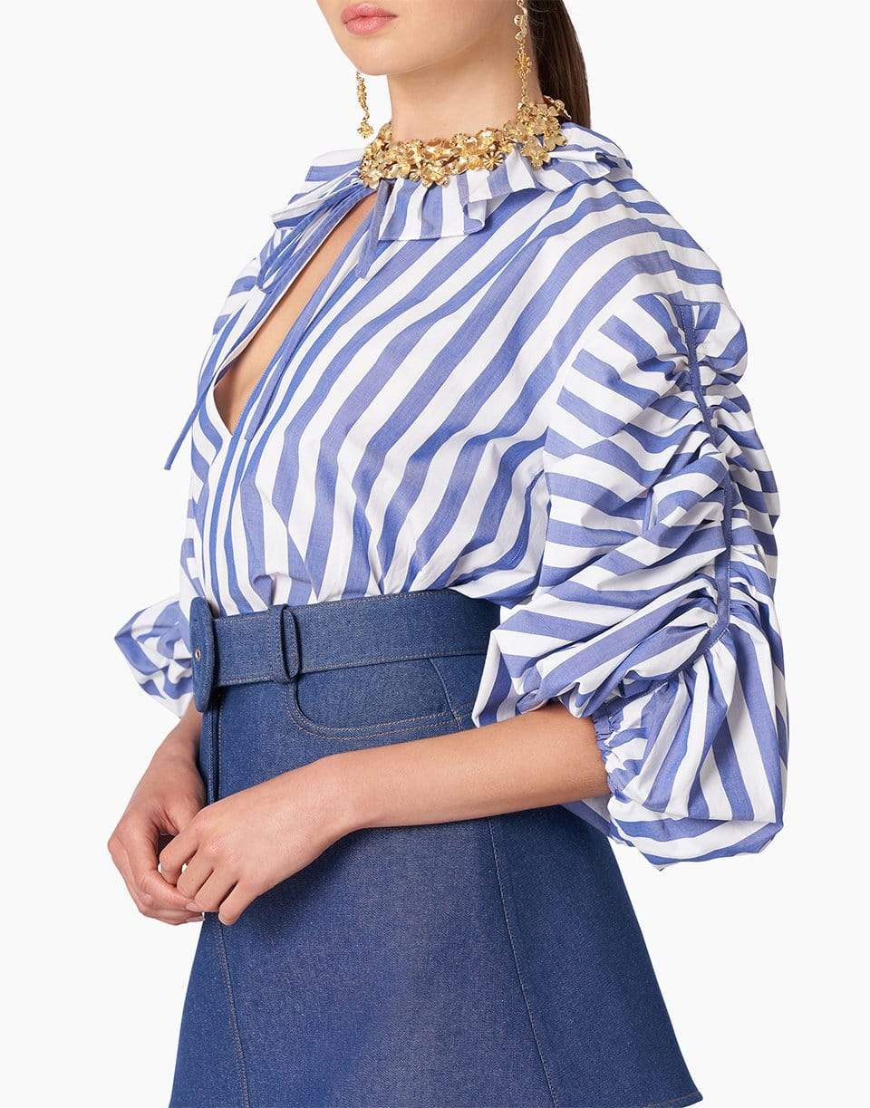 CAROLINA HERRERA-Striped Puff Sleeved Blouse with Neck Ruffle-