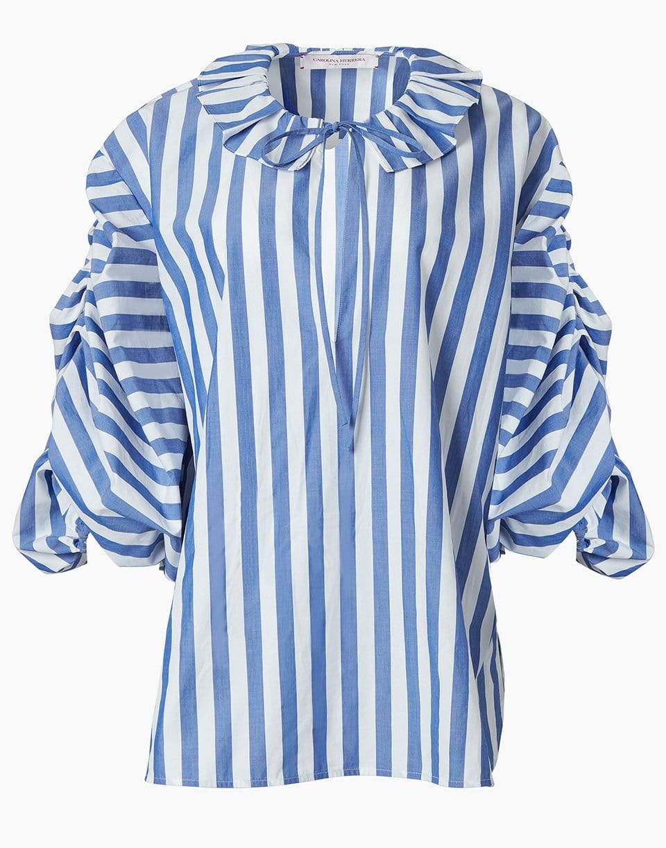 CAROLINA HERRERA-Striped Puff Sleeved Blouse with Neck Ruffle-