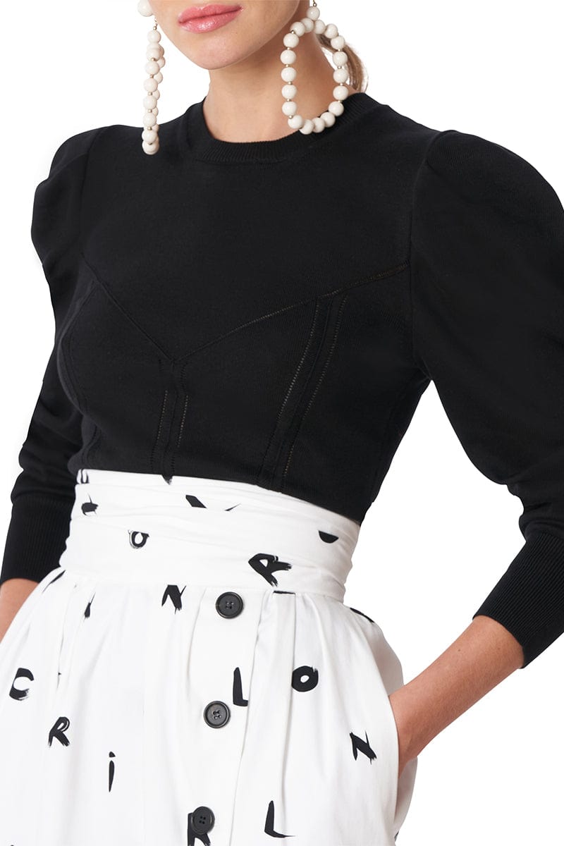 CAROLINA HERRERA-Puff Sleeve Corset Knit Top - Black-