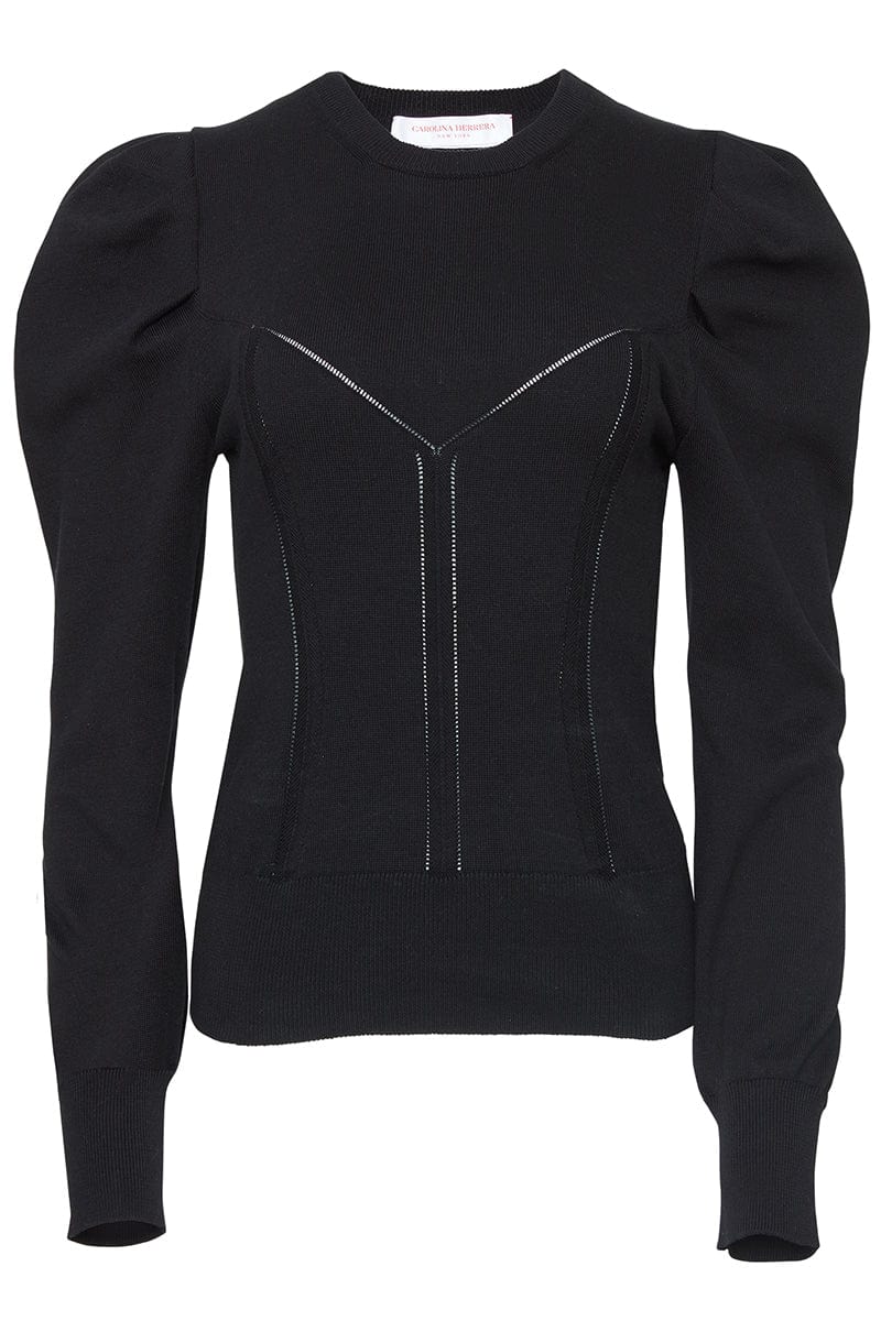 CAROLINA HERRERA-Puff Sleeve Corset Knit Top - Black-
