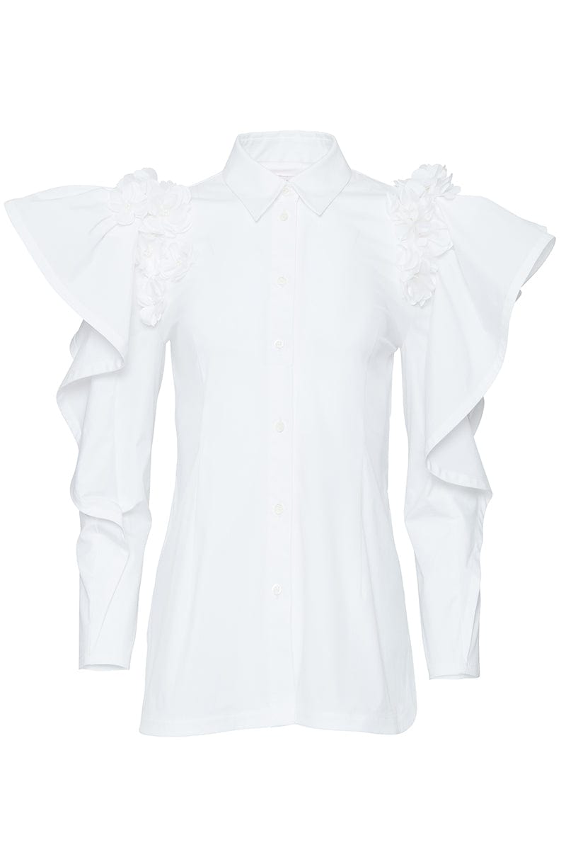 CAROLINA HERRERA-Long Sleeve Ruffle Button Down Blouse-WHITE