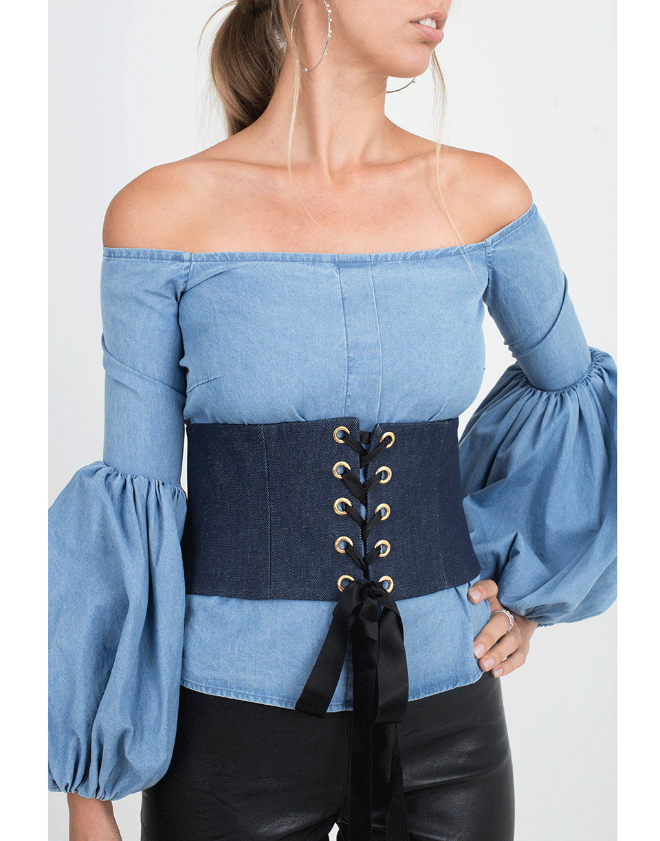 CAROLINE CONSTAS-Gisele Off Shoulder Chambray Blouse-