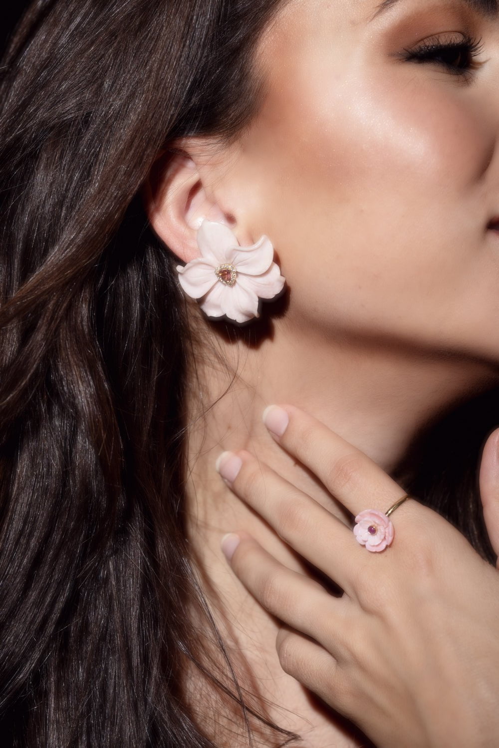 CASA CASTRO-Pink Quartz Flower Mother Nature Earrings-YELLOW GOLD