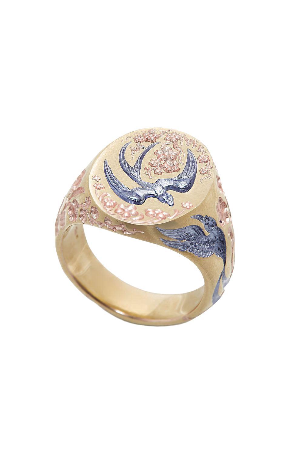 Pink Purple Swallow Hummingbird Signet Ring-YELLOW GOLD-6.5-JEWELRYFINE JEWELRING-CASTRO SMITH