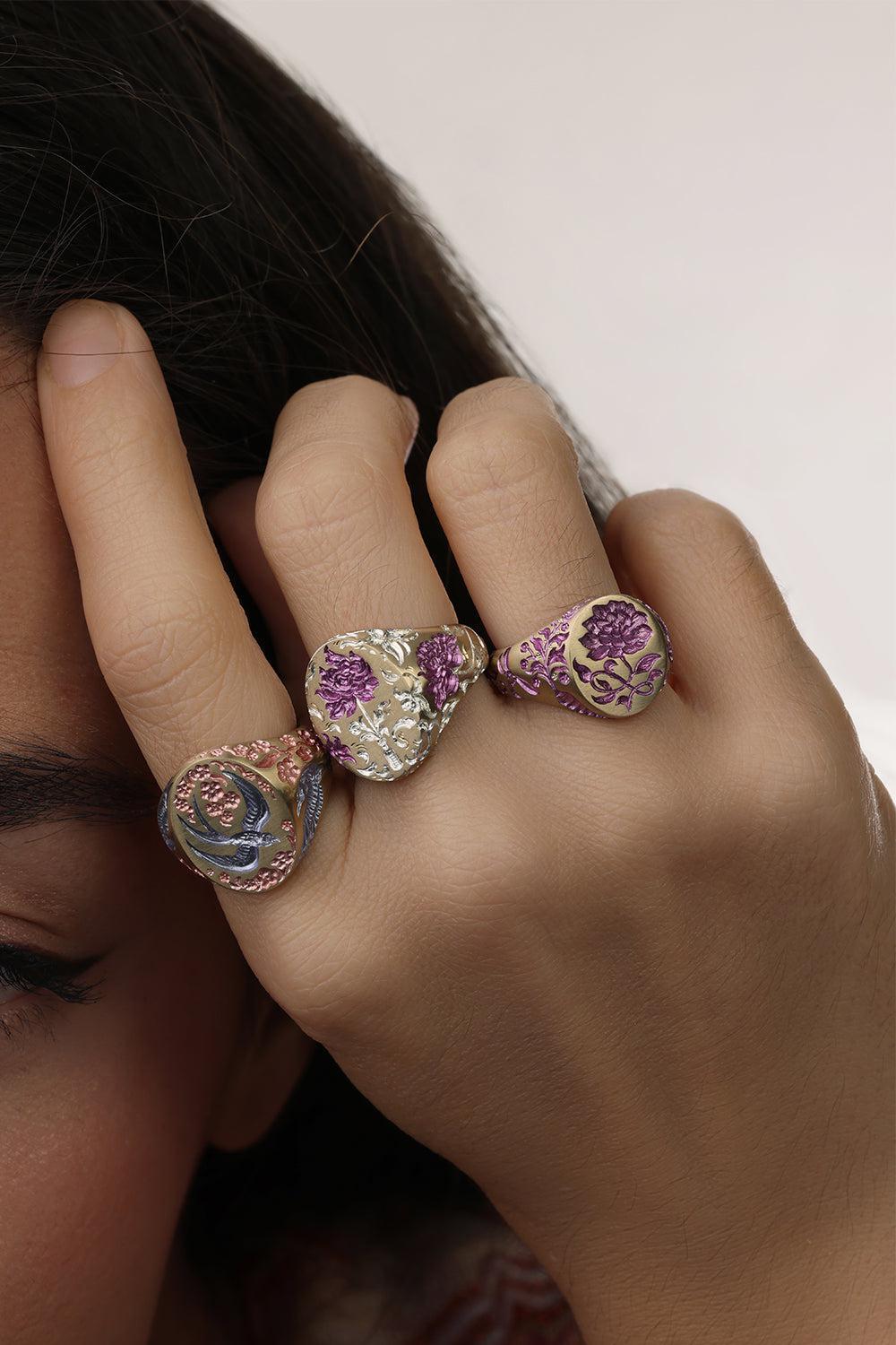 Purple Peony Signet Ring-YELLOW GOLD-7-JEWELRYFINE JEWELRING-CASTRO SMITH