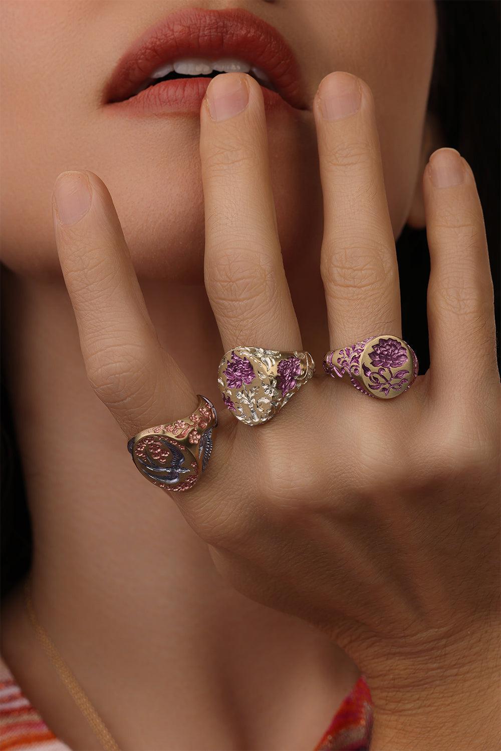 Purple Peony Signet Ring-YELLOW GOLD-7-JEWELRYFINE JEWELRING-CASTRO SMITH
