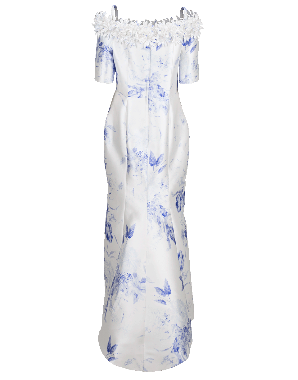 CATHERINE REGEHR-Off Shoulder Daisy Floral Gown-BLUE/WHT