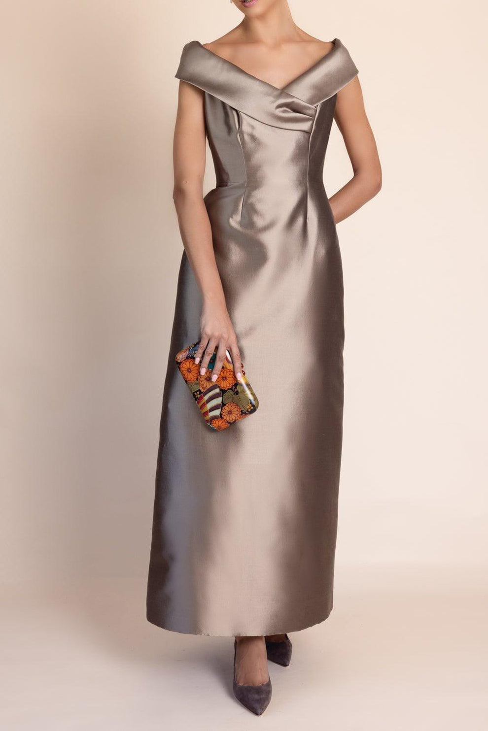 bronze off the shoulder dress CATHERINE REGEHR: V-Neck Off the Shoulder Dress