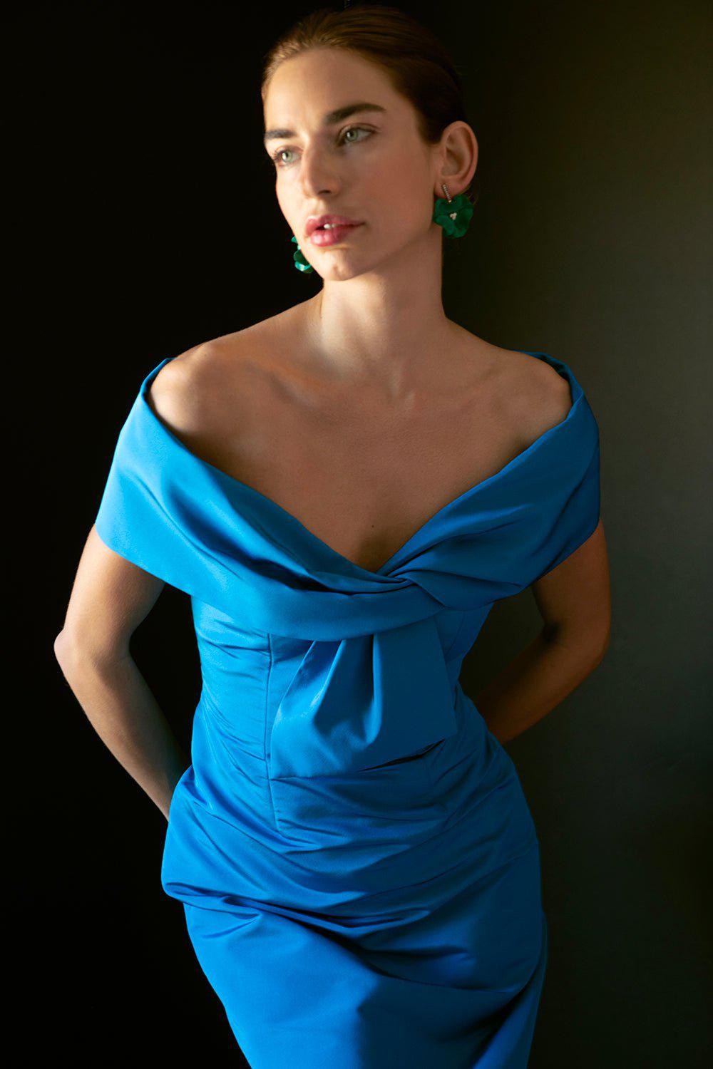 catherine regehr off the shoulder dress Off Shoulder Roll Collar Tie Back Gown