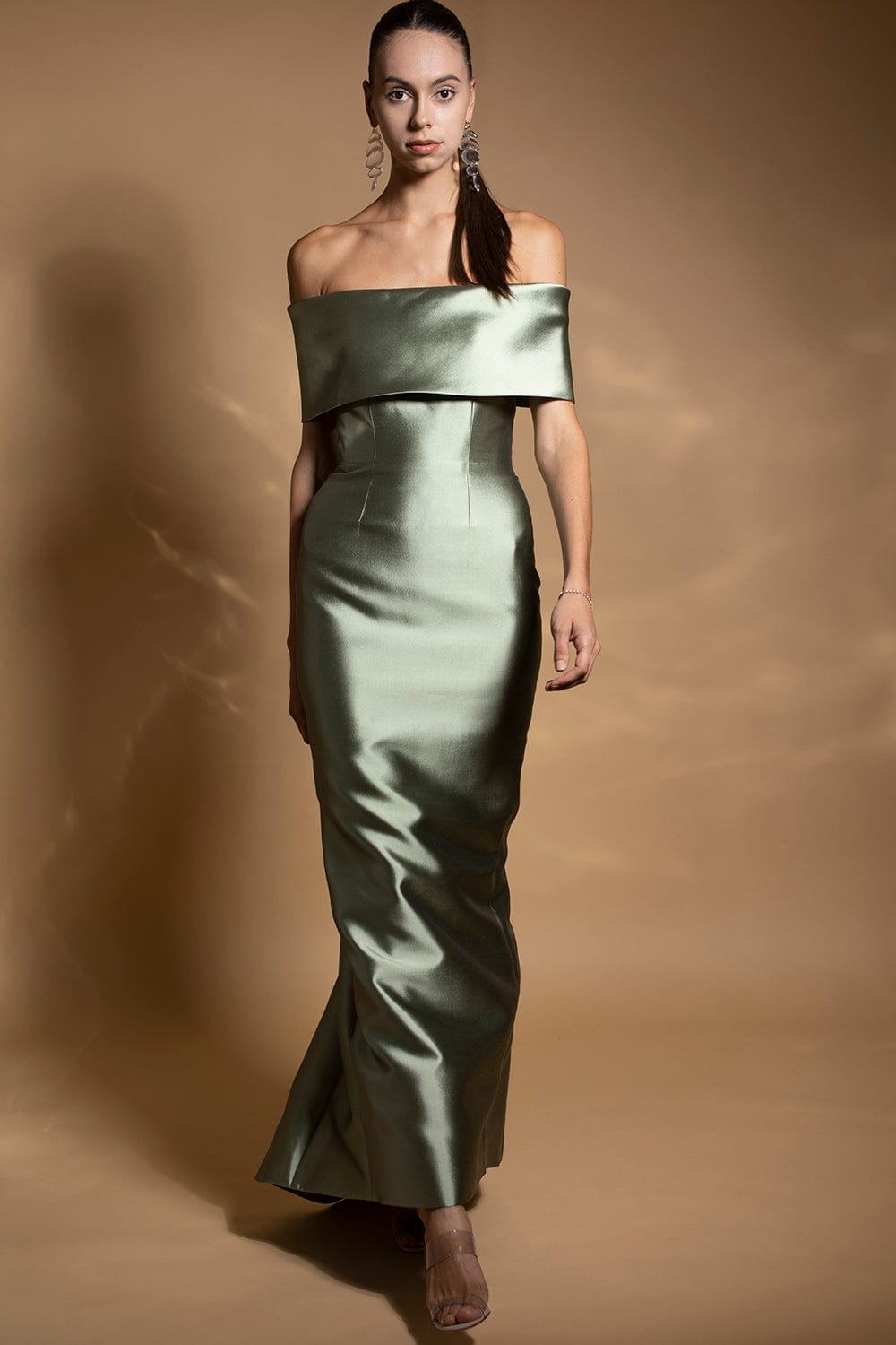 CATHERINE REGEHR-Off Shoulder Roll Collar Gown-