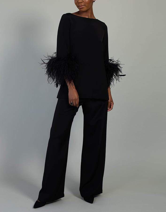 CATHERINE REGEHR-Black Feather Cuff Boat Neck Top-