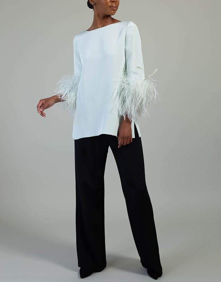 CATHERINE REGEHR-Mint Feather Cuff Boat Neck Top-