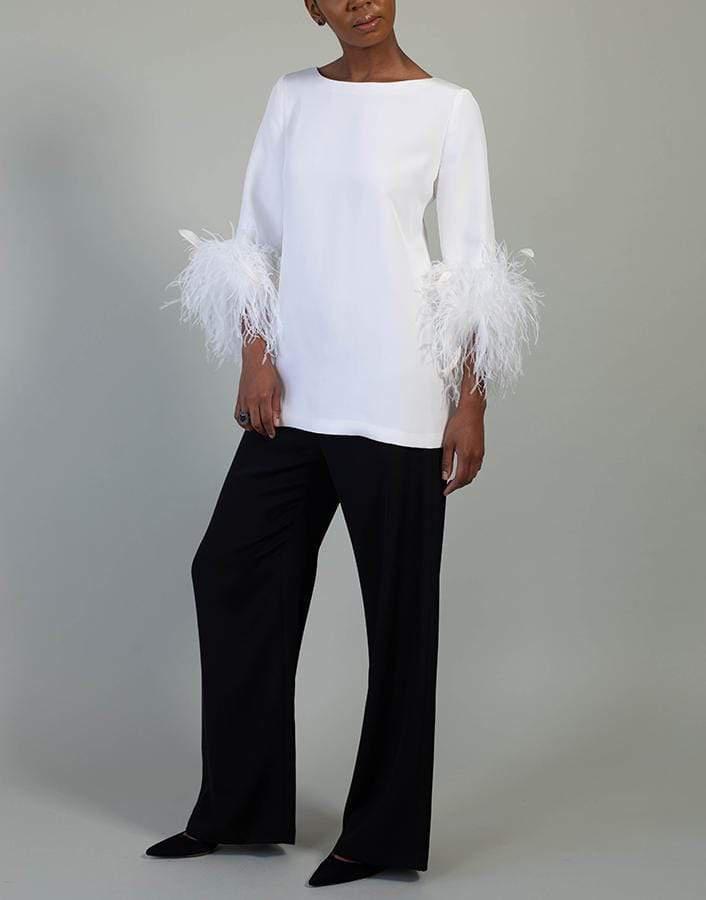 CATHERINE REGEHR-White Feather Cuff Boat Neck Top-
