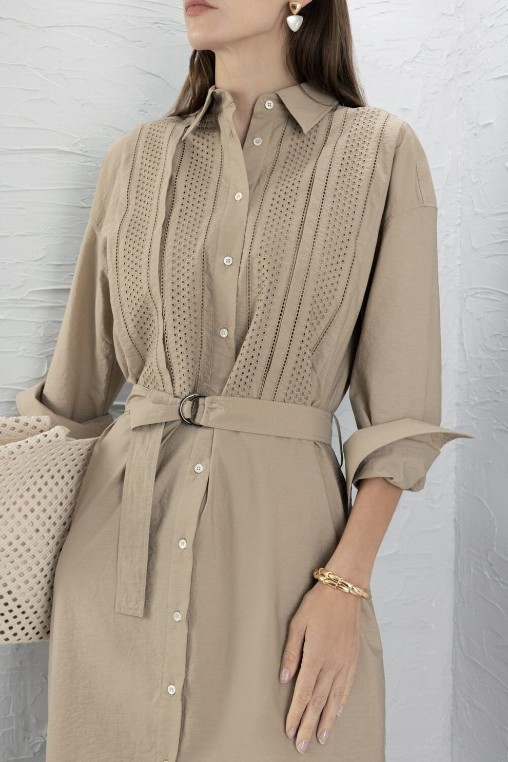 cream belted shirt dress Brunello Cucinelli Belted Broderie Anglaise Midi Shirt Dress