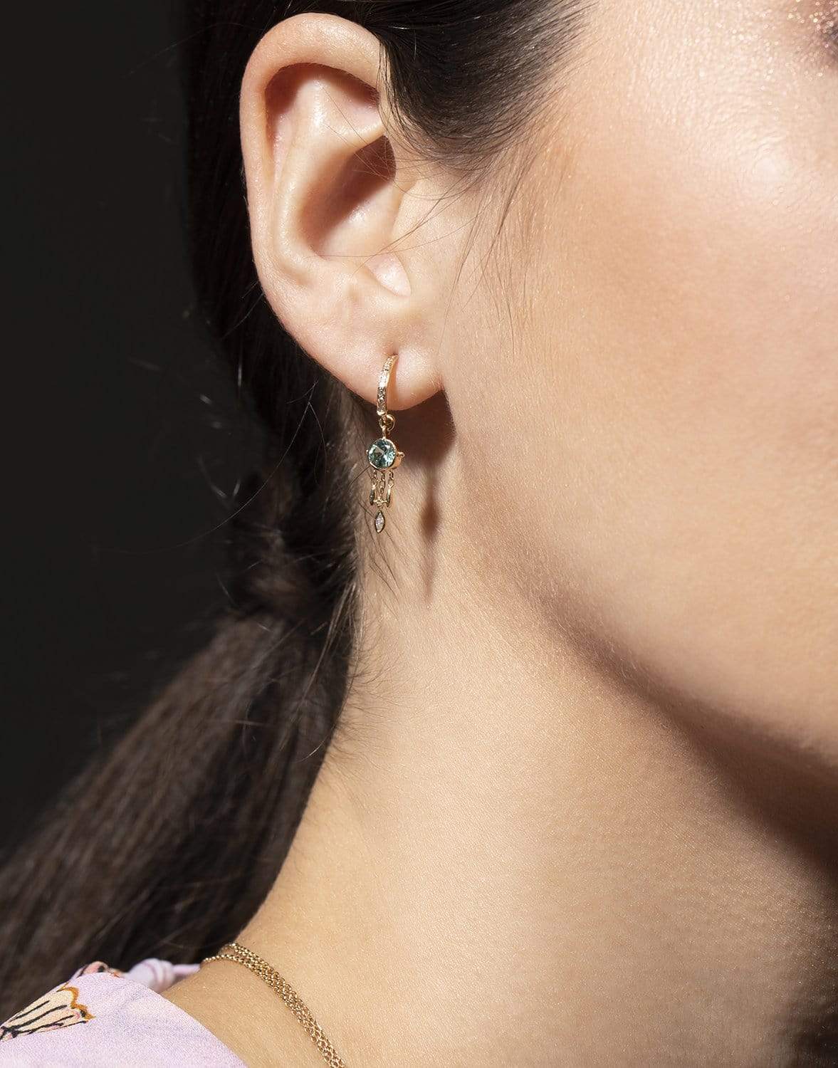 CELINE DAOUST-Blue Tourmaline & Diamonds Single Hoop Earring-YELLOW GOLD