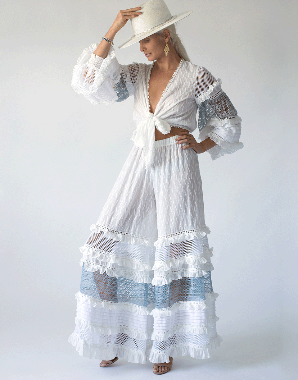 CHIO-Mesh Ruflle Wide Leg Pant-WHT/BLUE