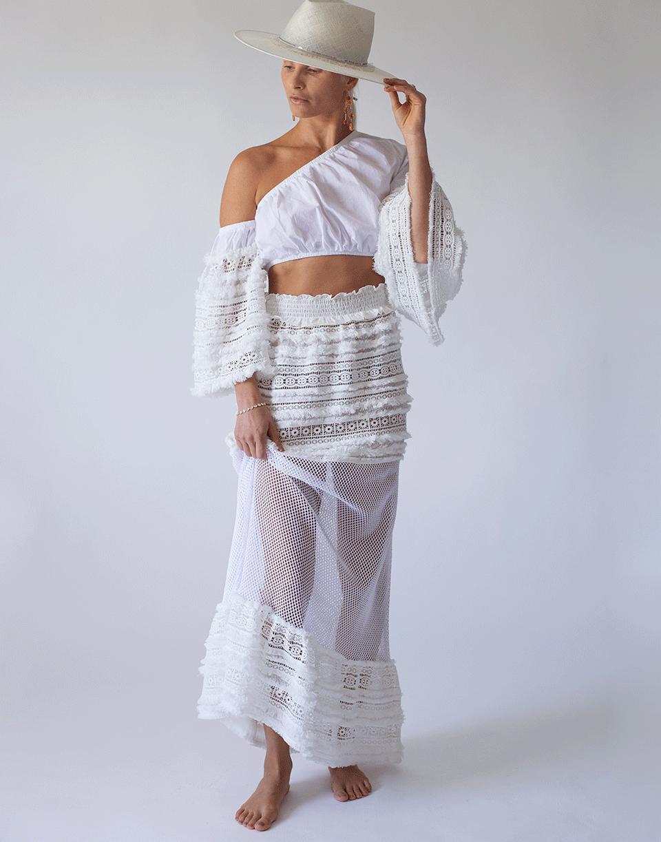 CHIO-One Shoulder Macrame Fringe Top-WHITE