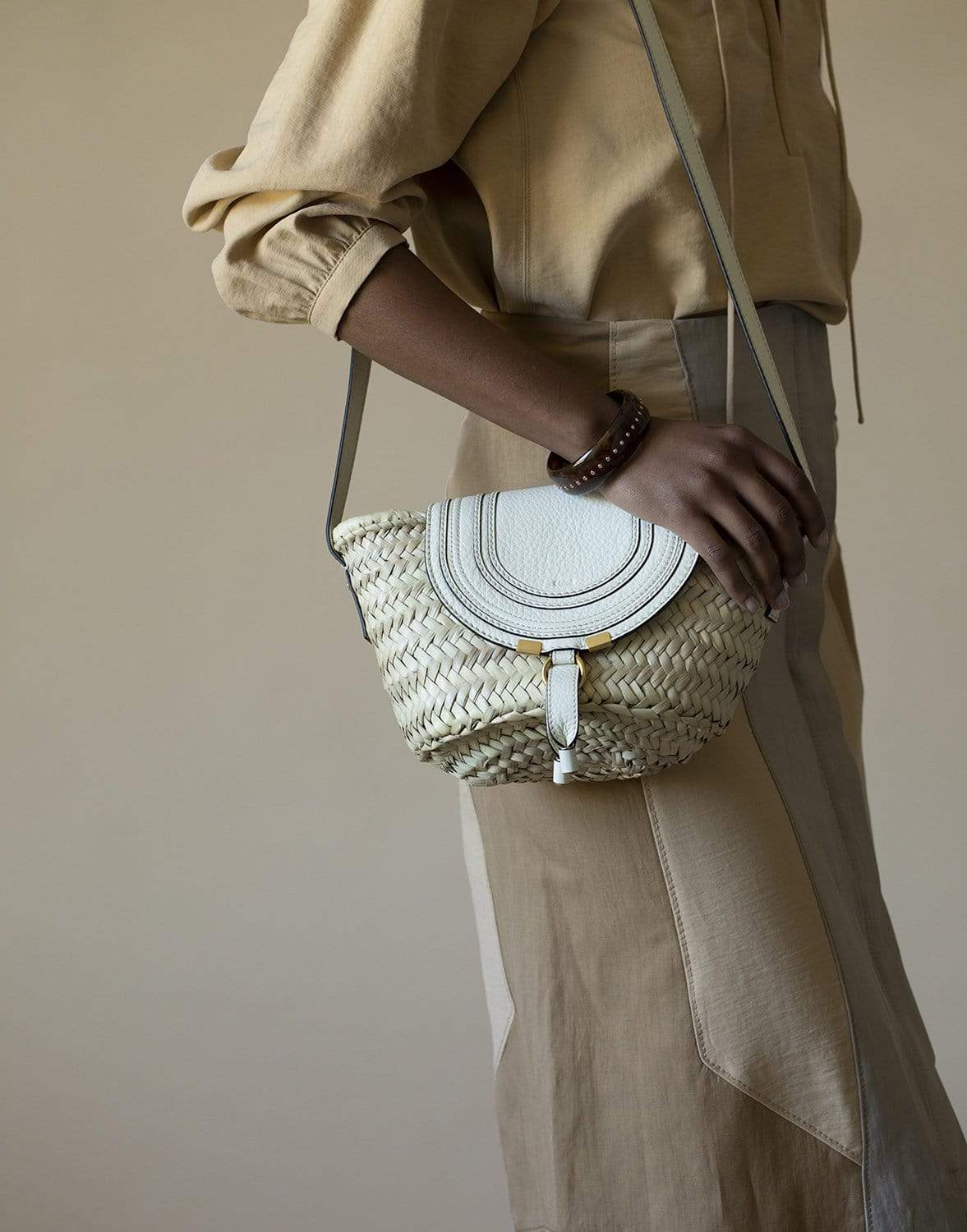 CHLOÉ-Marcie Leather-Trimmed Raffia Bag-WHITE