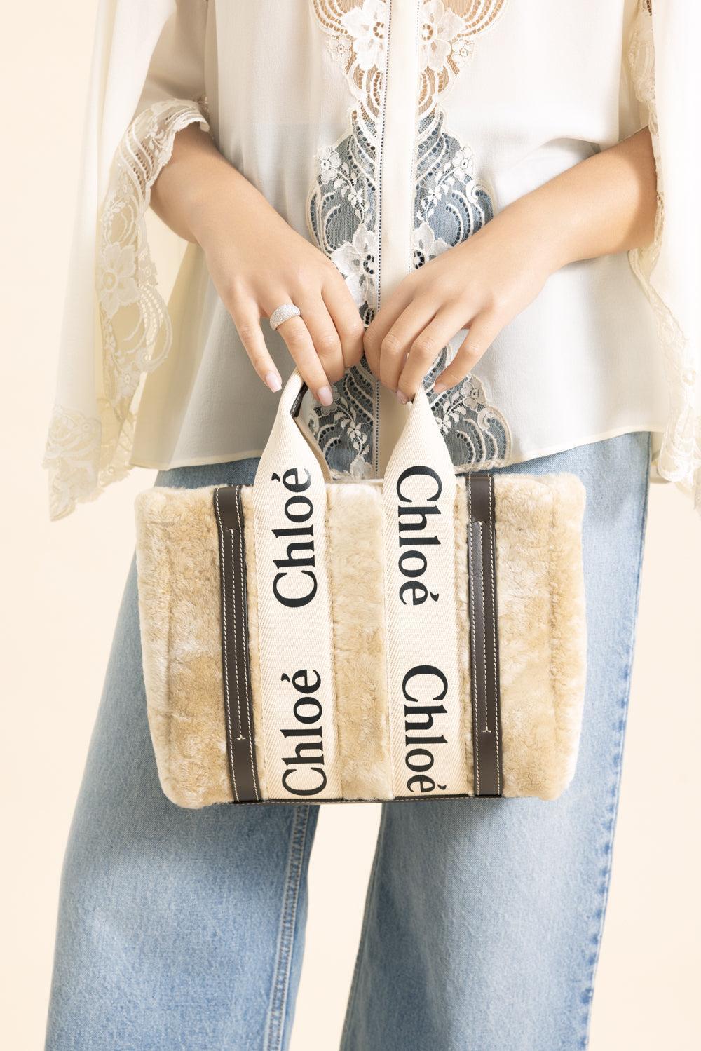 Small Woody Shearling Tote Bag-SMMRYBGE-HANDBAGTOP HANDLE-CHLOÉ