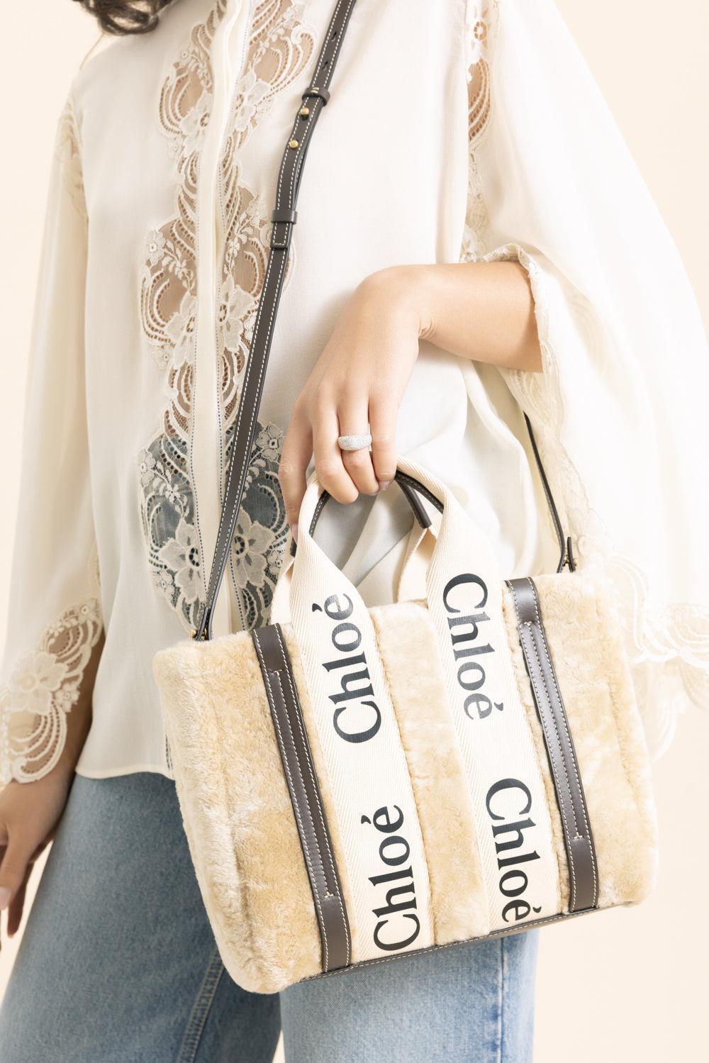 Small Woody Shearling Tote Bag-SMMRYBGE-HANDBAGTOP HANDLE-CHLOÉ