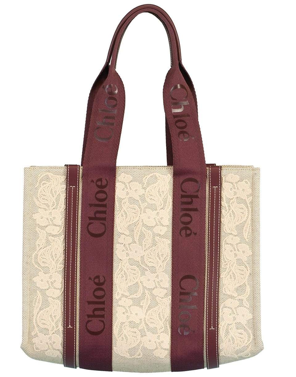 CHLOÉ-Burgundy Lace Canvas Woody Tote Bag-BURGUNDY