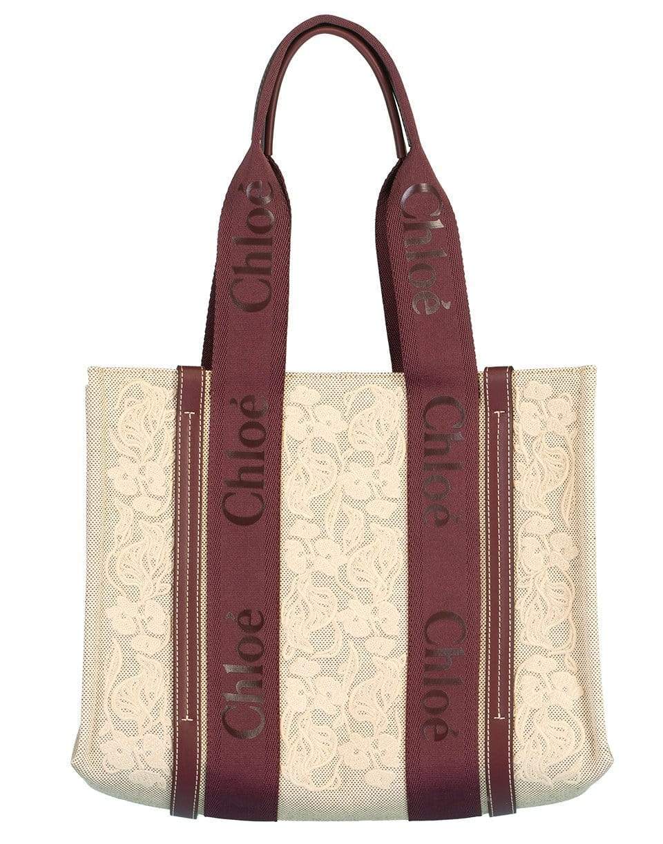 CHLOÉ-Burgundy Lace Canvas Woody Tote Bag-BURGUNDY