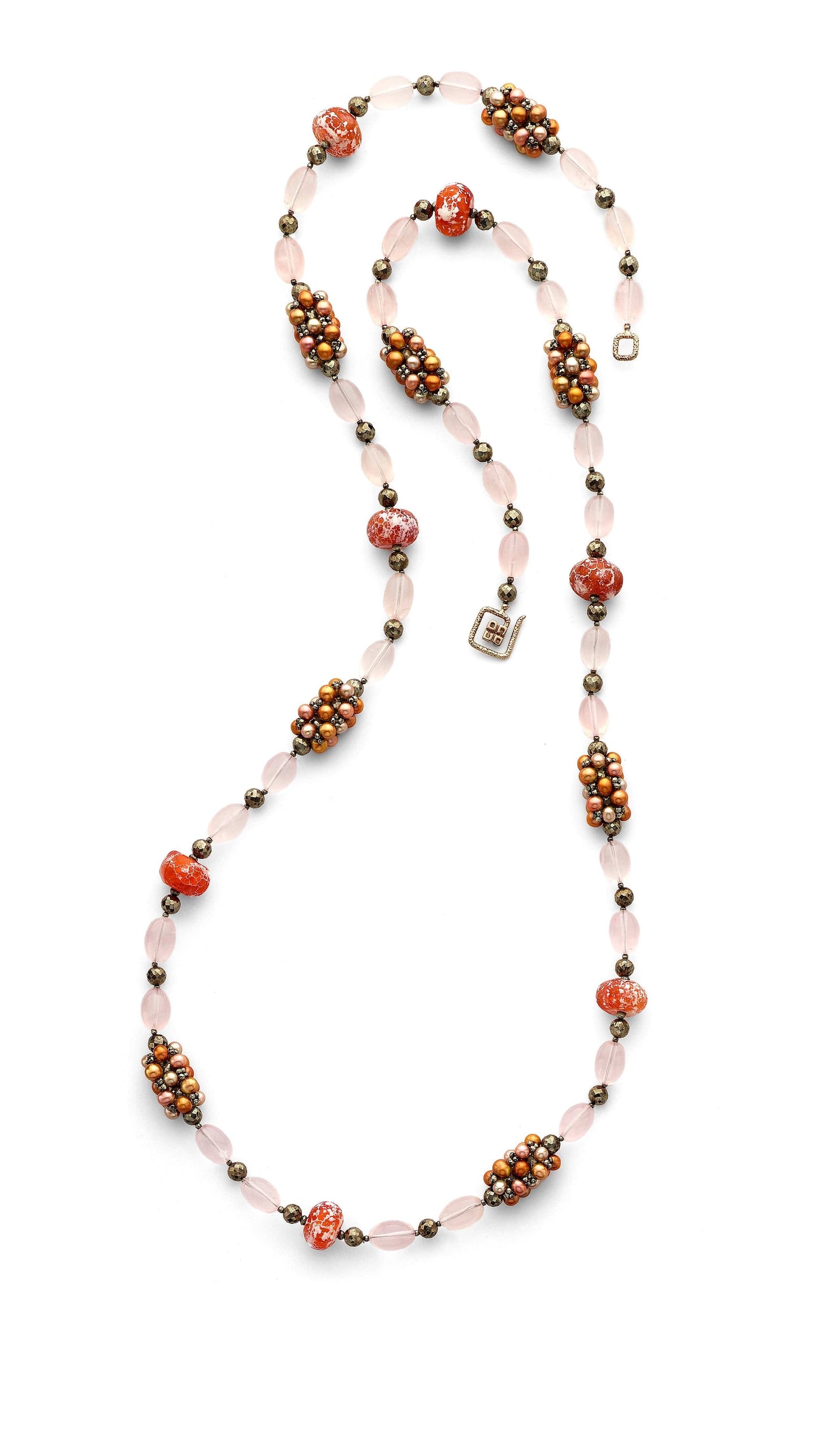 CHRIS DAVIES-Rose Quartz and Pearl Koi Necklace-WHITE GOLD