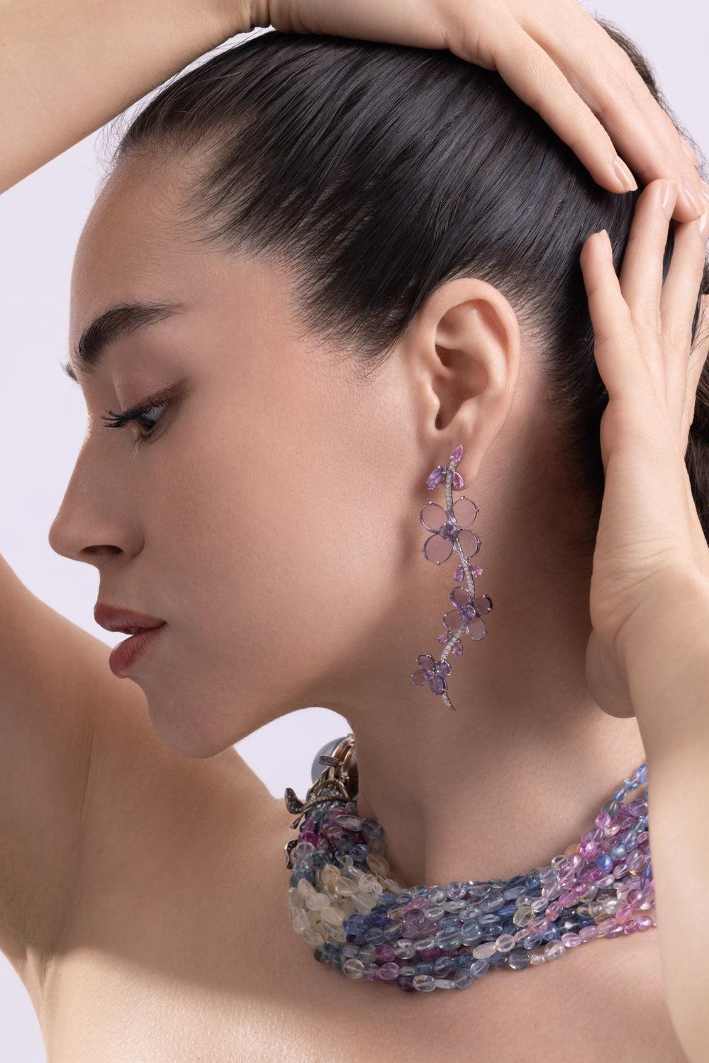 Amethyst Sapphire Diamond Flower Earrings-PLATINUM-JEWELRYFINE JEWELEARRING-CICADA