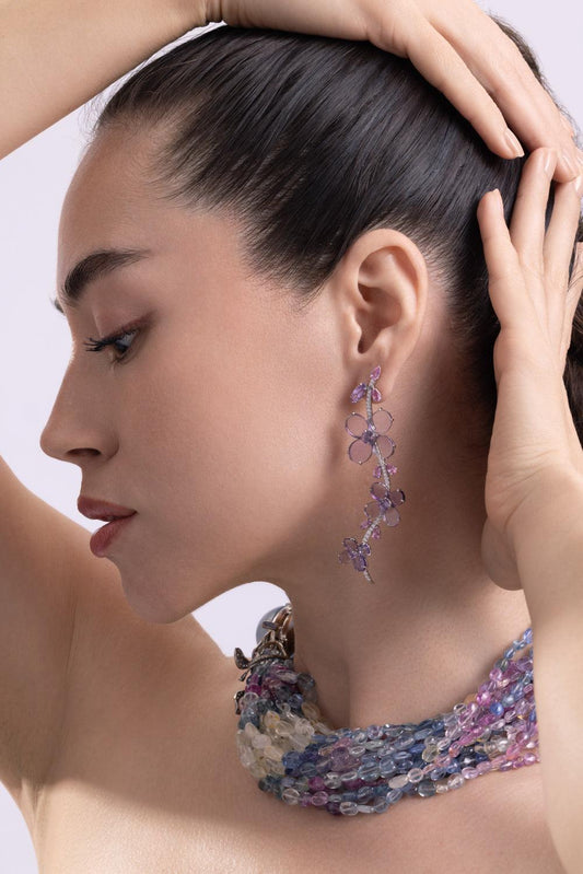 Amethyst Sapphire Diamond Flower Earrings-PLATINUM-JEWELRYFINE JEWELEARRING-CICADA