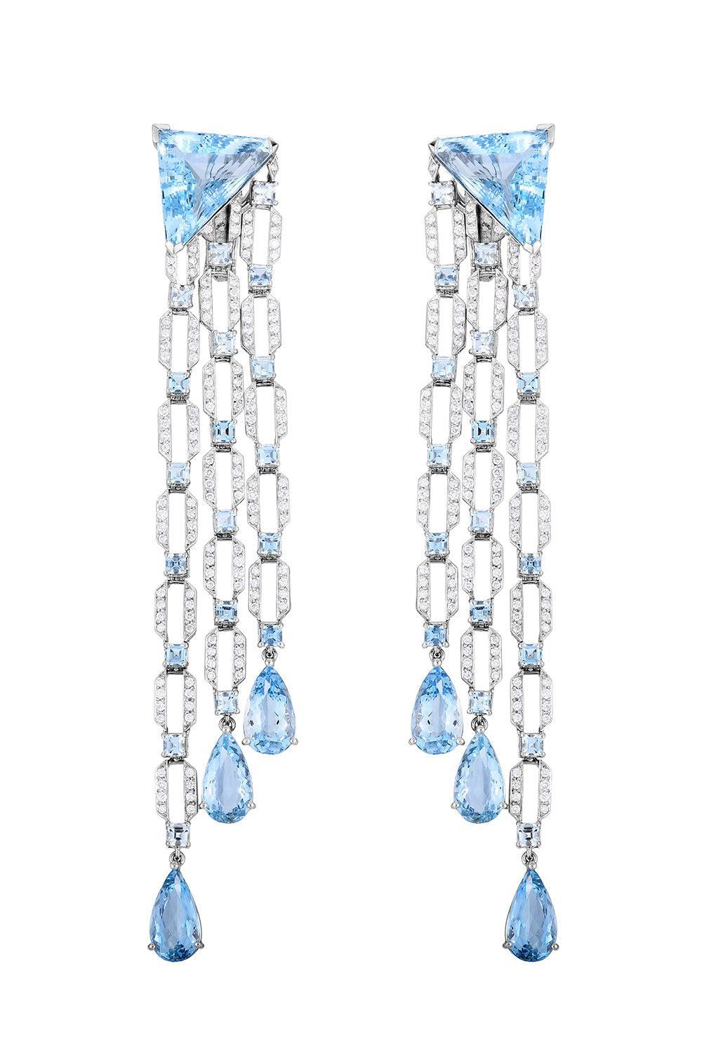 Aquamarine Diamond Chandlier Drop Earrings-PLATINUM-JEWELRYFINE JEWELEARRING-CICADA