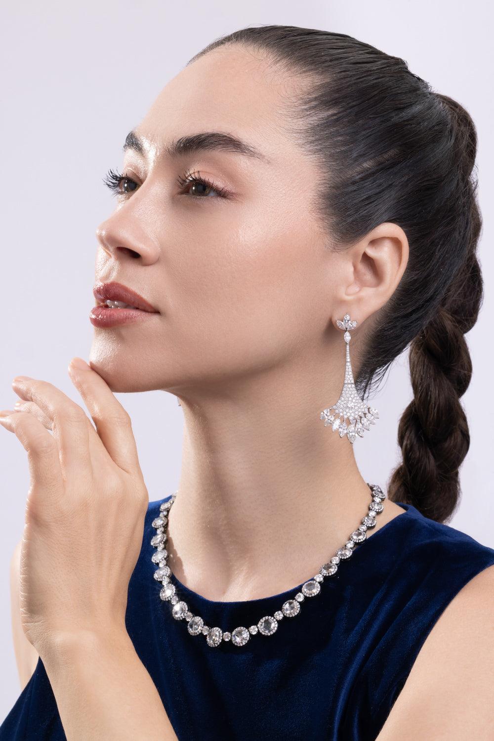 Diamond Fan Drop Earrings-PLATINUM-JEWELRYFINE JEWELEARRING-CICADA
