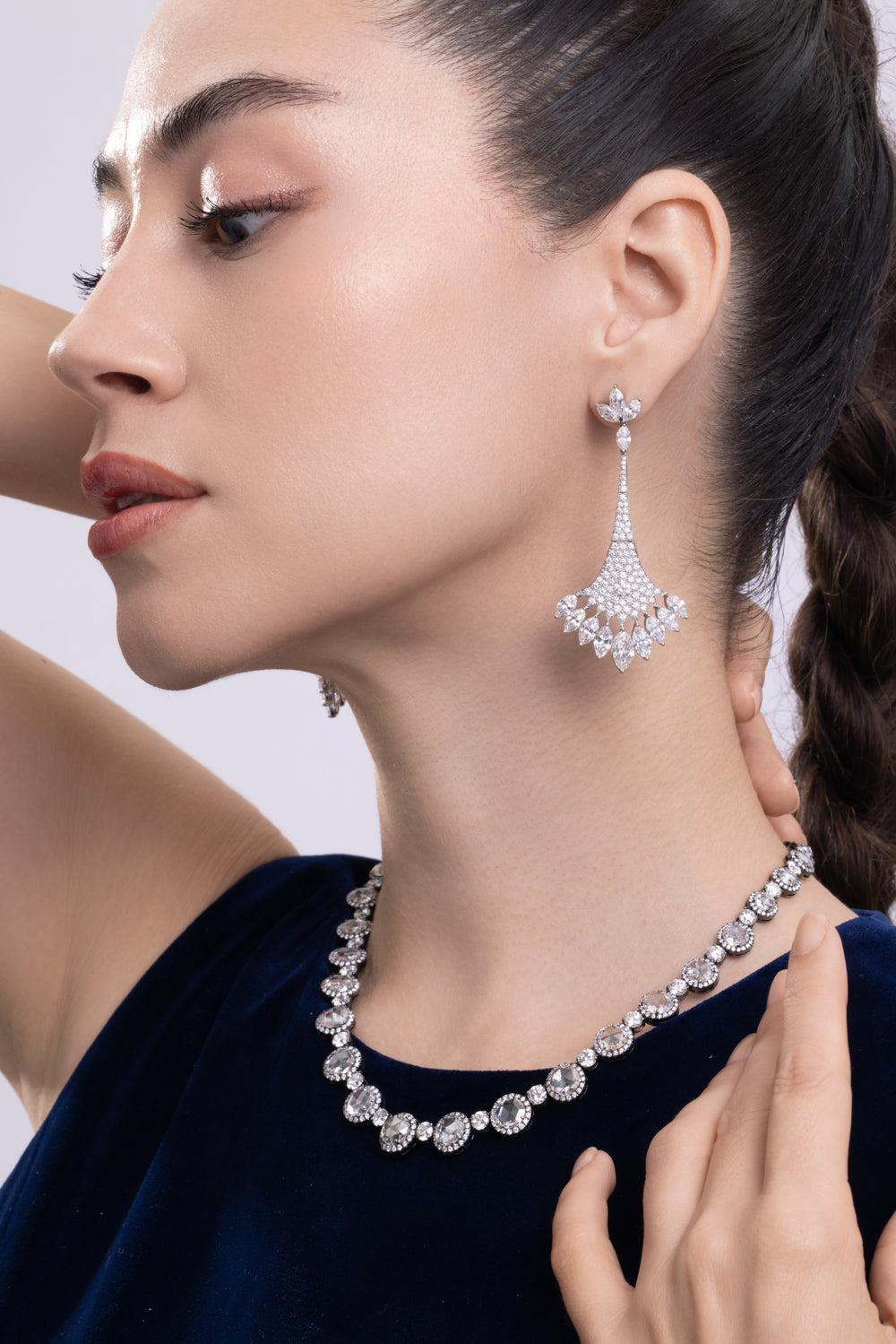 Diamond Fan Drop Earrings-PLATINUM-JEWELRYFINE JEWELEARRING-CICADA