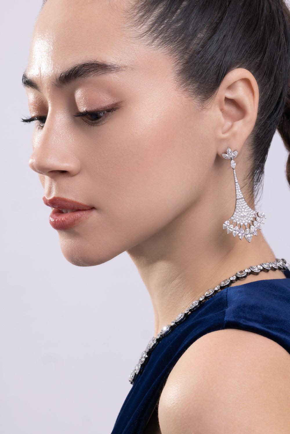 Diamond Fan Drop Earrings-PLATINUM-JEWELRYFINE JEWELEARRING-CICADA