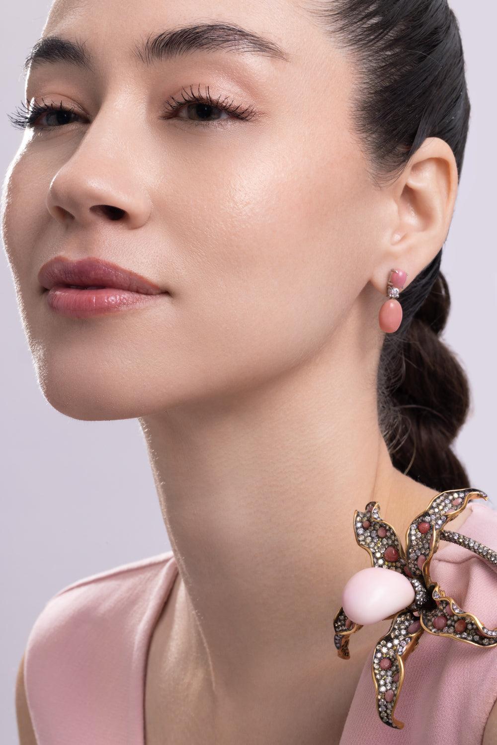 Diamond Pink Conch Drop Earrings-PLATINUM-JEWELRYFINE JEWELEARRING-CICADA