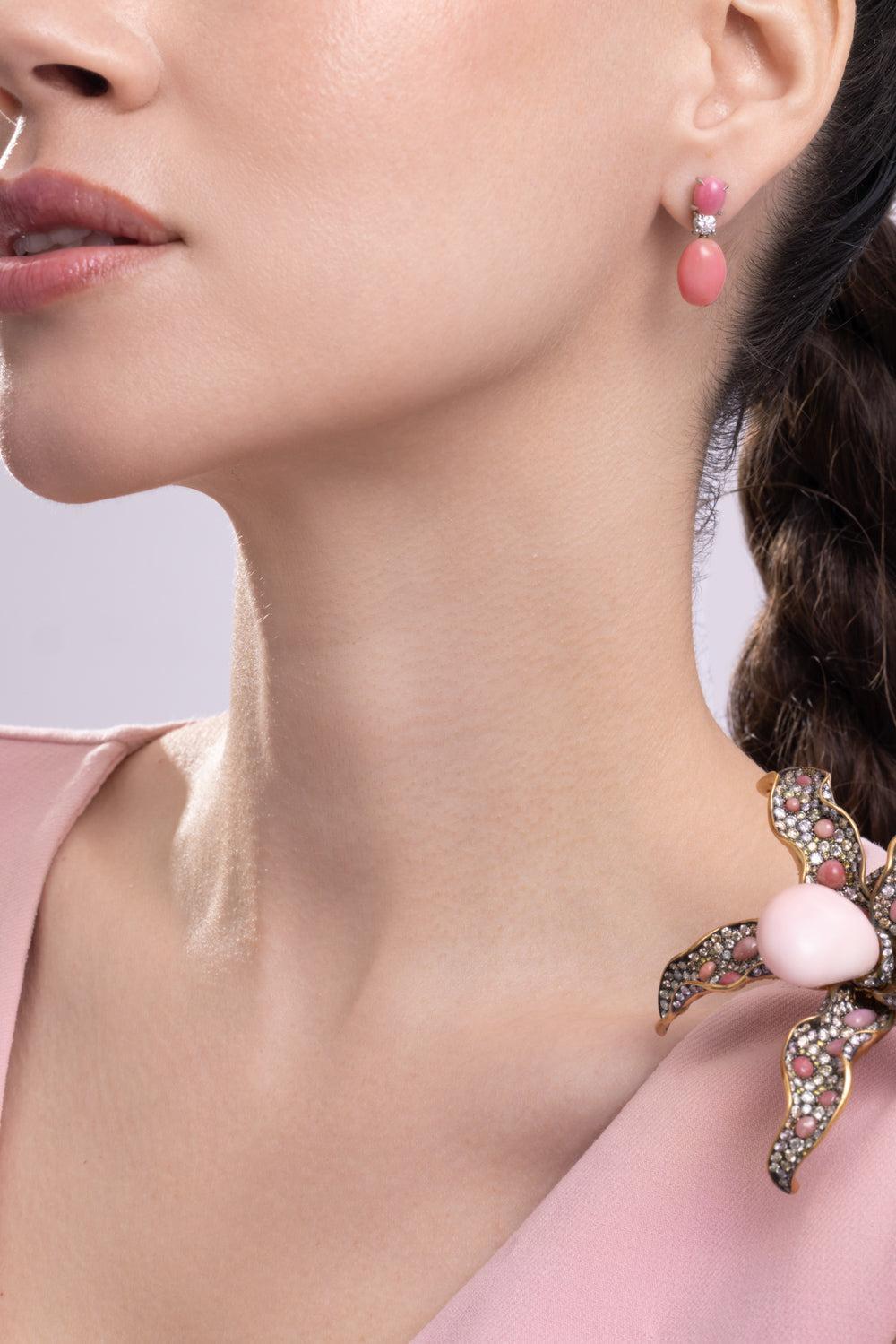 Diamond Pink Conch Drop Earrings-PLATINUM-JEWELRYFINE JEWELEARRING-CICADA
