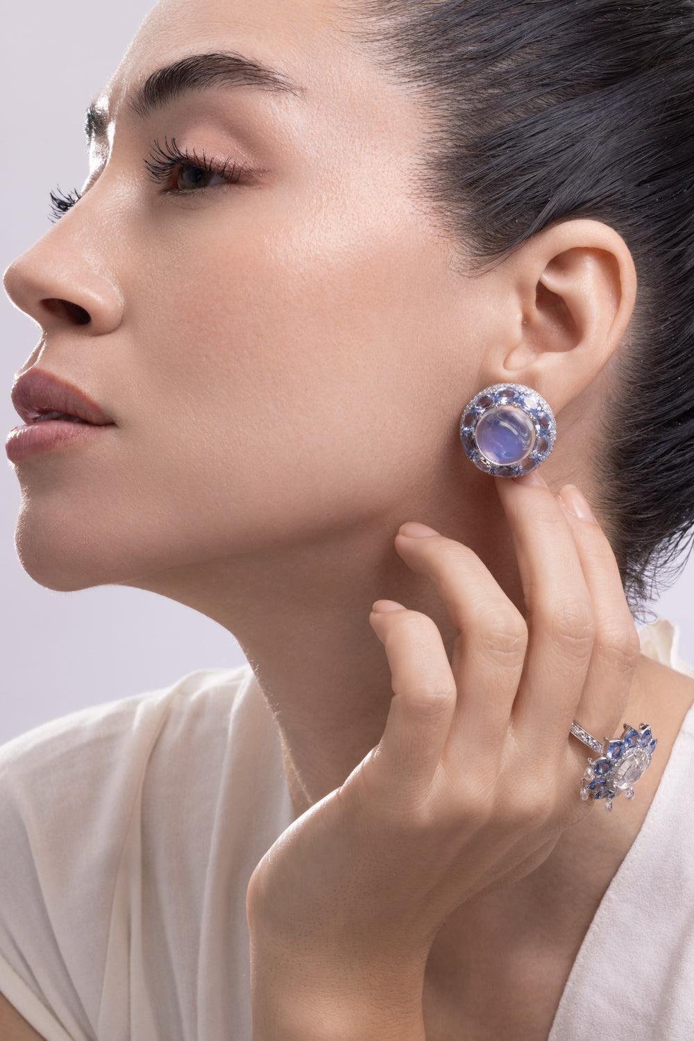 Moonstone Sapphire Diamond Circle Earrings-PLATINUM-JEWELRYFINE JEWELEARRING-CICADA