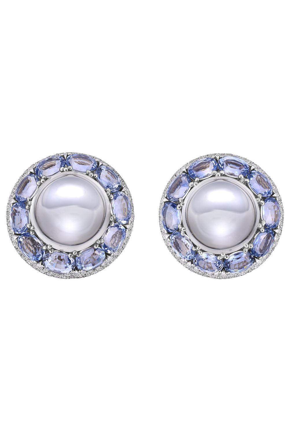 Moonstone Sapphire Diamond Circle Earrings-PLATINUM-JEWELRYFINE JEWELEARRING-CICADA