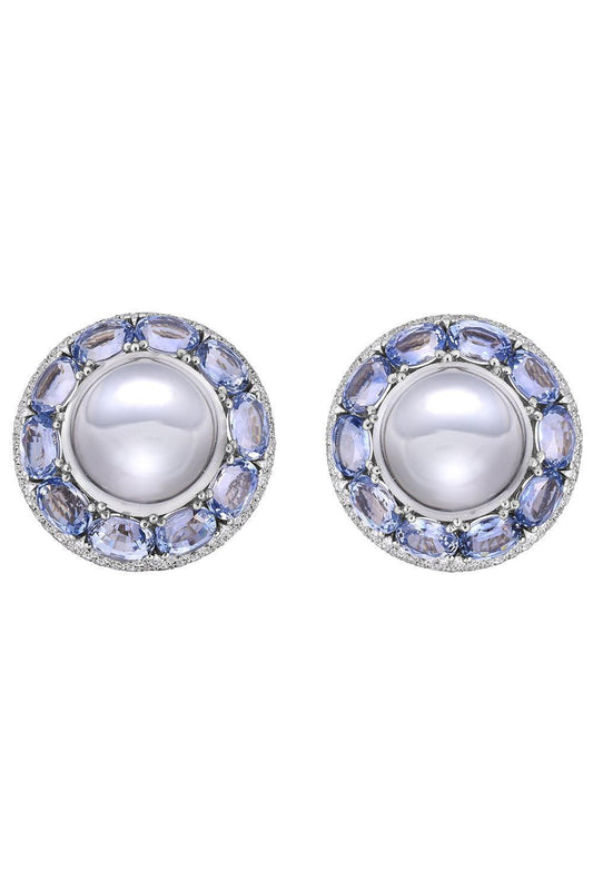 Moonstone Sapphire Diamond Circle Earrings-PLATINUM-JEWELRYFINE JEWELEARRING-CICADA