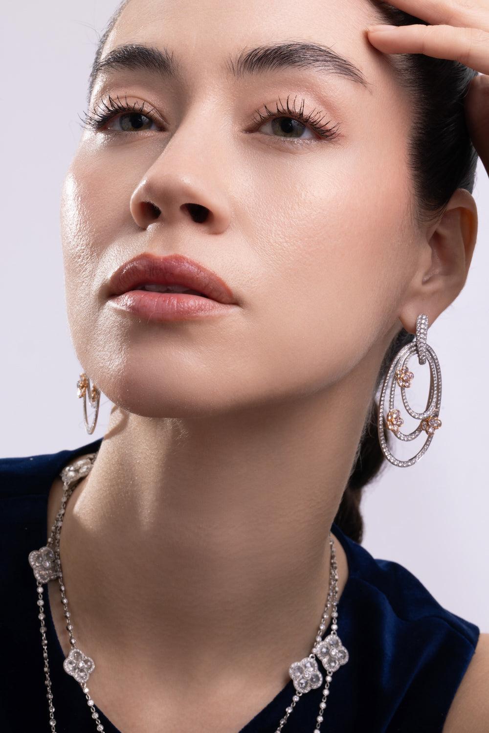 Pink Diamond Flower Drop Earrings-PLATINUM-JEWELRYFINE JEWELEARRING-CICADA