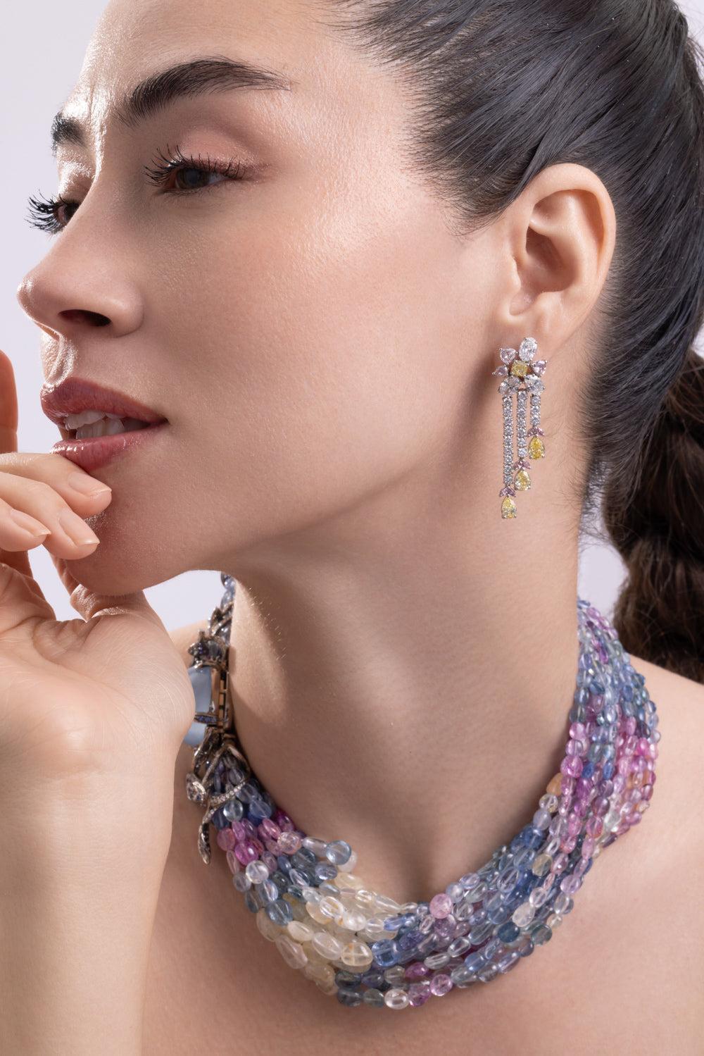 Pink Yellow Diamond Drop Earrings-PLATINUM-JEWELRYFINE JEWELEARRING-CICADA