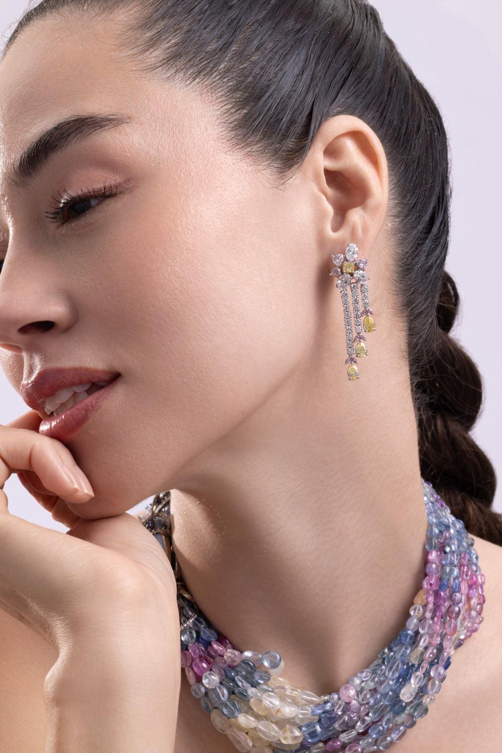 Pink Yellow Diamond Drop Earrings-PLATINUM-JEWELRYFINE JEWELEARRING-CICADA