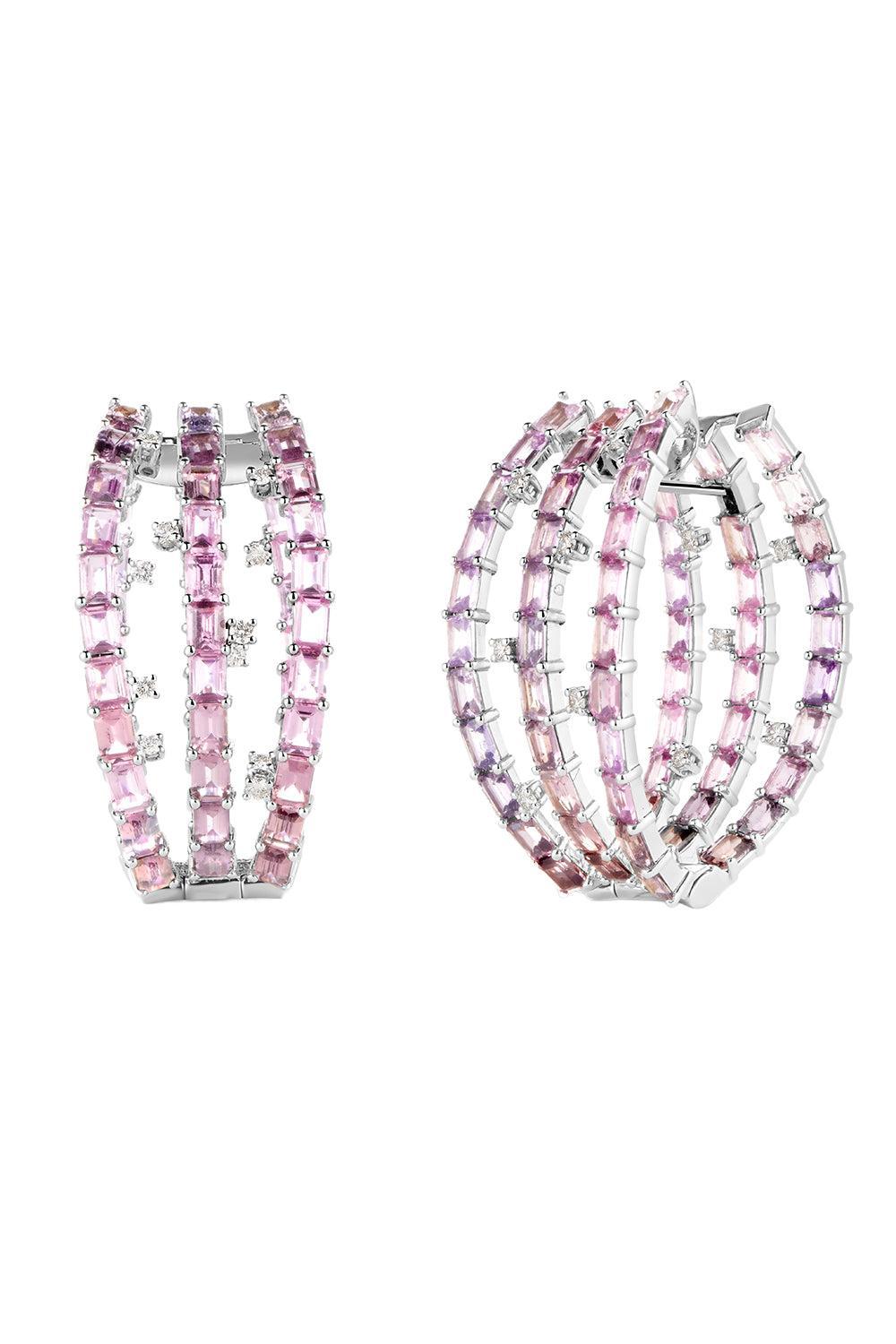 Pink Sapphire Triple Hoop Earrings-WHITE GOLD-JEWELRYFINE JEWELEARRING-CICADA